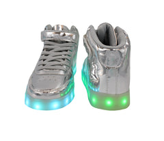 LED High Top Kids Lace & Strap Silver Shoes