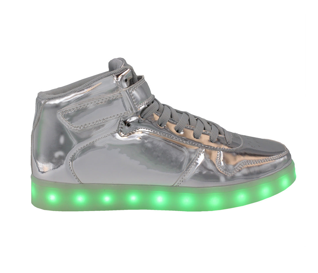 LED High Top Kids Lace & Strap Silver Shoes